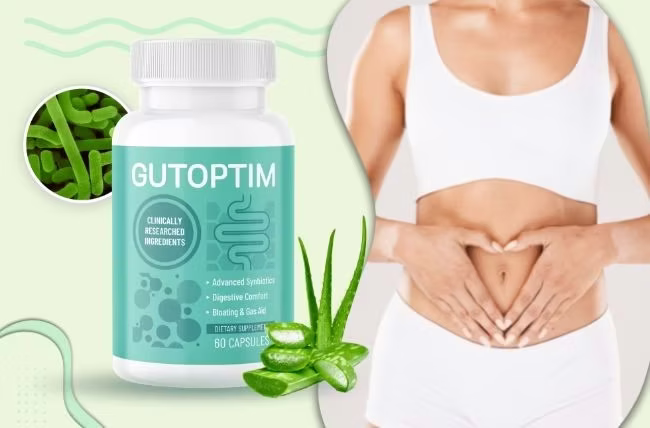Professional bottle of GutOptim digestive support capsules displayed against a clean minimalist background.