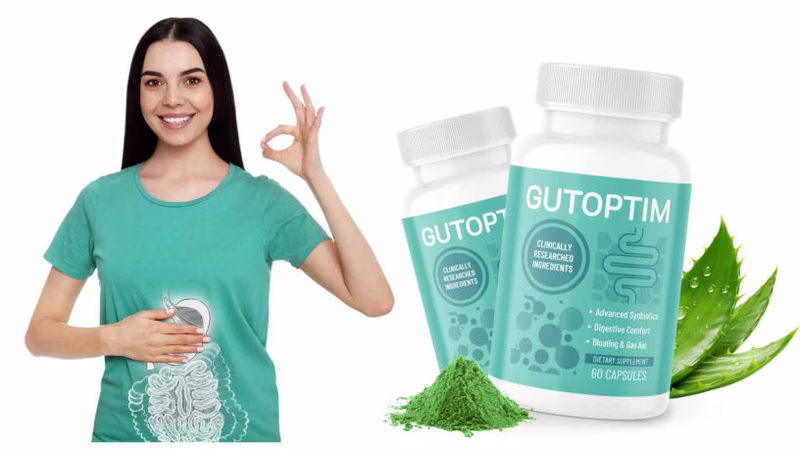 Scientific illustration showing GutOptim ingredients supporting a healthy and balanced internal gut microbiome.